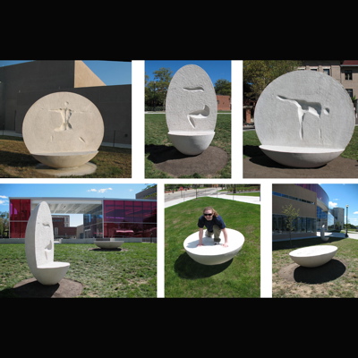 A series of 8 cast concrete benches designed for the Recreation and Fitness Facility at Ohio State University in Columbus. OSU students were used as models for casting the stretching poses as concave impressions on the bench surfaces. (M)BODY expresses the delicate balancing act of mass in equilibrium; grounded to the earth while encompassing the dynamics of the human form. The work draws upon symbiotic archetypes and ancient physical traditions of sports, movement and meditation. Commissioned by the Ohio Percent for Art Program Fabrication: Baxter Precast Body Casts: Sean Derry 