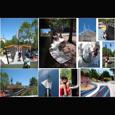 Public play space designed in collaboration with Landscape Architect Ken Smith (KSLA ) and commissioned by the City of Rochester, NY. Artist-designed elements include; a Viewing Tower and wind-activated Twist Sculpture; Slapped Pipes; Giant Gong; Wiggle Benches; Parabolic Bench; and Big Eyes, Big Ears, a rotating tower for extending the user's listening and viewing capabilities with parabolic dishes and binoculars. Fabrication: Eastern Sheet Metal 