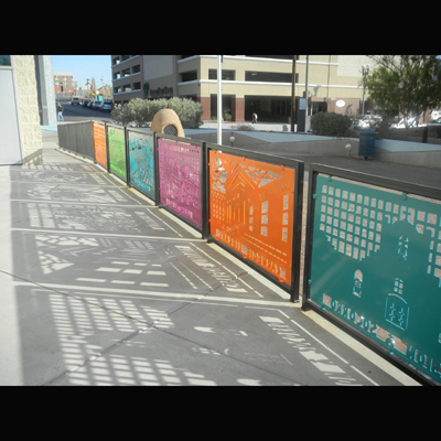 Fence panels of historical images inspired by Mexican papel picado (cut paper) techniques. Fabricated of powder coated steel. Each panel: 3' X 5'. Commissioned by the City of El Paso Museums and Cultural Affairs Dept.