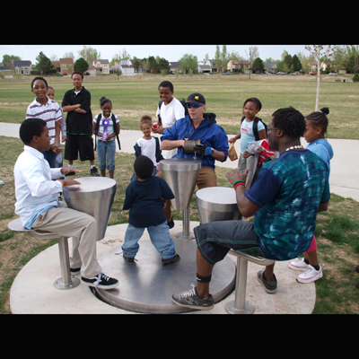 installed @ Green Valley Park Denver Colorado Public Art Program of Denver's Commission on Cultural Affairs Djembe Drums & Earth Drum Turtle Drum Parabolic Bench Children's Drums Slapped PIpes